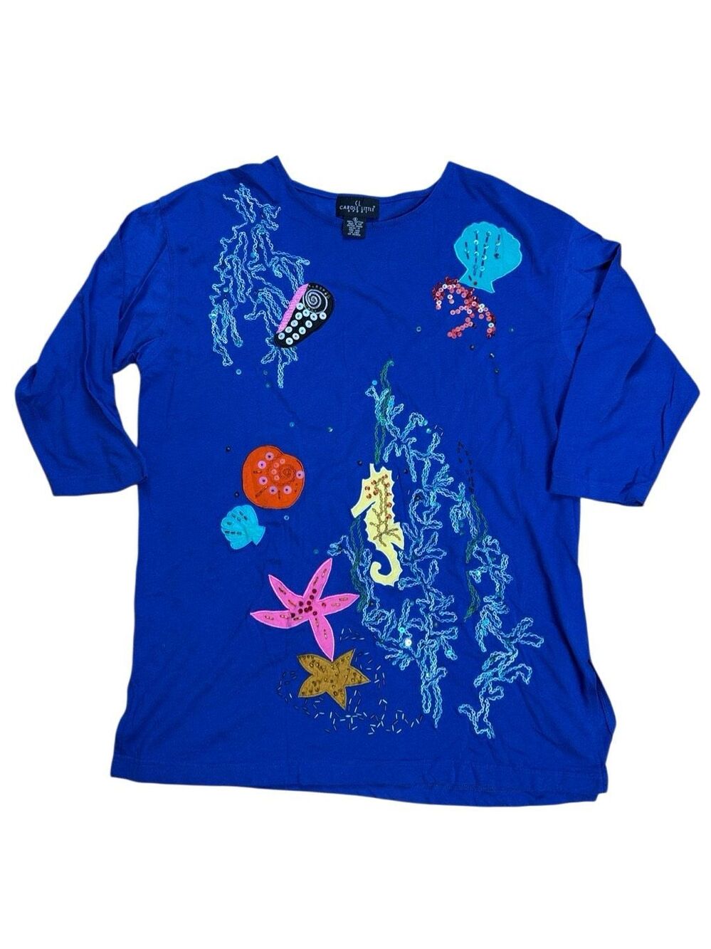 90s Carol Little Sport Embroidered Sequin Ocean Art to Wear Tunic Blue Small